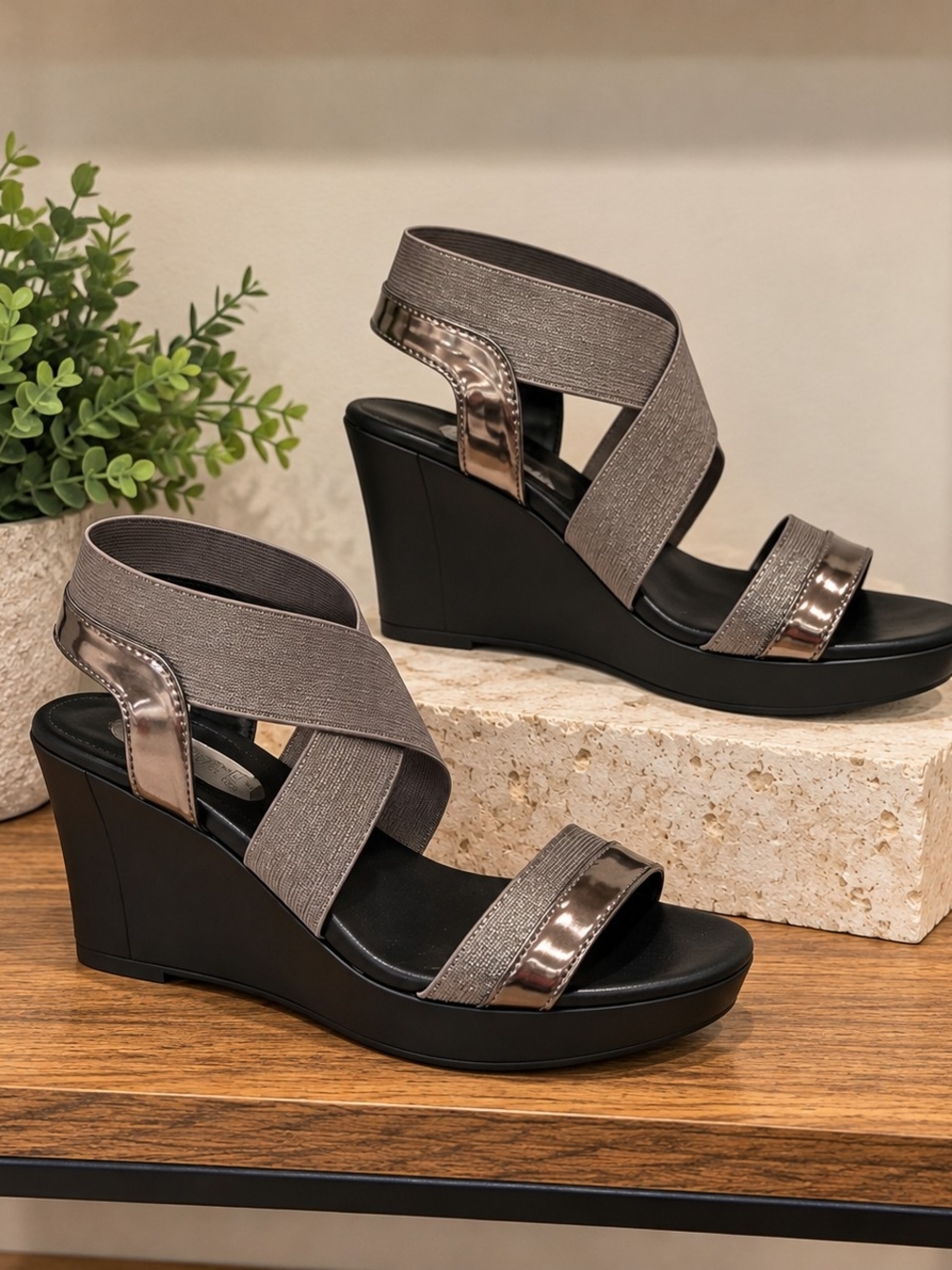 Charles David Gray Elastic Crossover Wedge Sandals with Metallic Accents